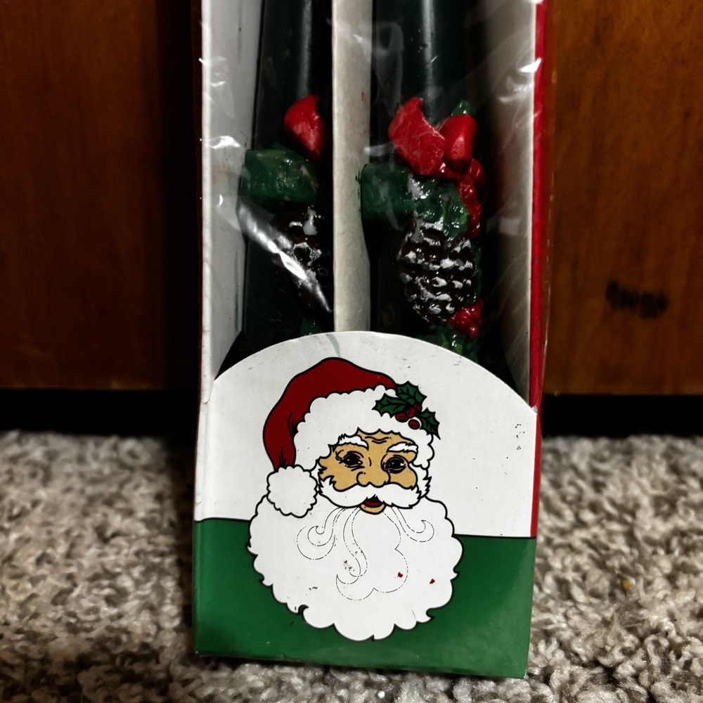 Vintage Green Christmas pinecones Tall Wax Taper Candles in Box 10" Pair